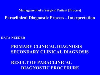 Management of a Surgical Patient [Process]
Paraclinical Diagnostic Process - Interpretation
DATA NEEDED
PRIMARY CLINICAL DIAGNOSIS
SECONDARY CLINICAL DIAGNOSIS
RESULT OF PARACLINICAL
DIAGNOSTIC PROCEDURE
 