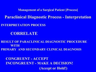Management of a Surgical Patient [Process]
Paraclinical Diagnostic Process - Interpretation
INTERPRETATION PROCESS
CORRELATE
RESULT OF PARACLINICAL DIAGNOSTIC PROCEDURE
WITH
PRIMARY AND SECONDARY CLINICAL DIAGNOSIS
CONGRUENT - ACCEPT
INCONGRUENT - MAKE A DECISION!
(Accept or Hold!)
 