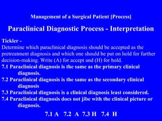 Management of a Surgical Patient [Process]
Paraclinical Diagnostic Process - Interpretation
Tickler -
Determine which paraclinical diagnosis should be accepted as the
pretreatment diagnosis and which one should be put on hold for further
decision-making. Write (A) for accept and (H) for hold.
7.1 Paraclinical diagnosis is the same as the primary clinical
diagnosis.
7.2 Paraclinical diagnosis is the same as the secondary clinical
diagnosis
7.3 Paraclinical diagnosis is a clinical diagnosis least considered.
7.4 Paraclinical diagnosis does not jibe with the clinical picture or
diagnosis.
7.1 A 7.2 A 7.3 H 7.4 H
 
