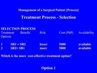 Management of a Surgical Patient [Process]
Treatment Process - Selection
SELECTION PROCESS
Treatment Benefit Risk Cost (PhP) Availability
Options
1 SR1 = SR2 lesser 5000 available
2 SR2= SR1 more 5000 available
Which is the more cost-effective treatment option?
Option 1
 