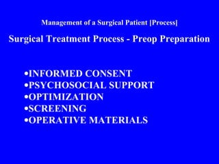 Management of a Surgical Patient [Process]
Surgical Treatment Process - Preop Preparation
•INFORMED CONSENT
•PSYCHOSOCIAL SUPPORT
•OPTIMIZATION
•SCREENING
•OPERATIVE MATERIALS
 