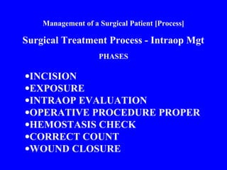 Management of a Surgical Patient [Process]
Surgical Treatment Process - Intraop Mgt
PHASES
•INCISION
•EXPOSURE
•INTRAOP EVALUATION
•OPERATIVE PROCEDURE PROPER
•HEMOSTASIS CHECK
•CORRECT COUNT
•WOUND CLOSURE
 