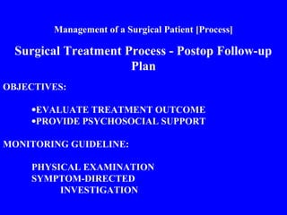 Management of a Surgical Patient [Process]
Surgical Treatment Process - Postop Follow-up
Plan
OBJECTIVES:
•EVALUATE TREATMENT OUTCOME
•PROVIDE PSYCHOSOCIAL SUPPORT
MONITORING GUIDELINE:
PHYSICAL EXAMINATION
SYMPTOM-DIRECTED
INVESTIGATION
 