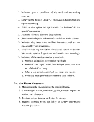 2. Maintains general cleanliness of the ward and the sanitary
       annexure.
    3. Supervises the duties of Group “D” employees and guides them and
       reports accordingly.
    4. Writes the diet register and supervises the distribution of diet and
       report if any, necessary.
    5. Maintains scheduled poisonous drug registers.
    6. Supervises nursing care and other tasks carried out by the students.
    7. Maintains duty room trays, sterilizes instruments and see that
       procedural trays are in readiness.
    8. Take over from duty nurse of the previous new and serious patients,
       instruments, supplies, drugs etc and handover the same accordingly.
    9. Maintains all the records pertaining to ward/unit.
        a. Maintains case papers, investigation reports etc.
        b. Maintains vital signs charts, intake-output charts and other
           special charts if necessary.
        c. Takes special care of medicolegal case papers and records.
        d. Writes day and night orders and maintains ward statistics.


Operation Theatre Management
    1. Maintains aseptic environment of the operation theatre.
    2. Autoclaving of articles, instruments, gloves, linen etc. required for
        various types of surgery.
    3. Receives patients from the ward intact for surgery.
    4. Prepares anesthetic trolley and trolley for surgery, according to
        type and procedures.
 