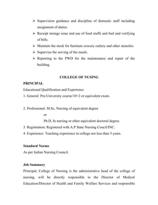  Supervision guidance and discipline of domestic staff including
         assignment of duties.
       Receipt storage issue and use of food stuffs and fuel and verifying
         of bills.
       Maintain the stock for furniture crocery cutlery and other utensiles
       Supervise the serving of the meals.
       Reporting to the PWD for the maintenance and repair of the
         building.


                         COLLEGE OF NUSING
PRINCIPAL
Educational Qualification and Experience
1. General: Pre-University course/10+2 or equivalent exam.


2. Professional: M.Sc, Nursing of equivalent degree
              or
              Ph.D, In nursing or other equivalent doctoral degree.
3. Registration: Registered with A.P State Nursing Coucil/INC.
4. Experience: Teaching experience in college not less than 5 years.


Standard Norms
As per Indian Nursing Council.


Job Summary
Principal, College of Nursing is the administrative head of the college of
nursing, will be directly responsible to the Director of Medical
Education/Director of Health and Family Welfare Services and responsible
 