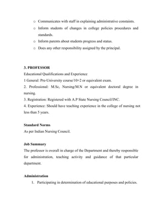 o Communicates with staff in explaining administrative constaints.
      o Inform students of changes in college policies procedures and
           standards.
      o Inform parents about students progress and status.
      o Does any other responsibility assigned by the principal.




3. PROFESSOR
Educational Qualifications and Experience
1 General: Pre-University course/10+2 or equivalent exam.
2. Professional: M.Sc, Nursing/M.N or equivalent doctoral degree in
nursing.
3. Registration: Registered with A.P State Nursing Council/INC.
4. Experience: Should have teaching experience in the college of nursing not
less than 5 years.


Standard Norms
As per Indian Nursing Council.


Job Summary
The professor is overall in charge of the Department and thereby responsible
for administration, teaching activity and guidance of that particular
department.


Administration
     1. Participating in determination of educational purposes and policies.
 