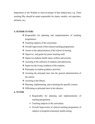 department or the Warden or tutor-in-charge of that subject/area, e.g. Tutor
teaching Phy should be made responsible for charts, models, wet specimen,
skeleton, etc.,




5. SENIOR TUTOR-
           Responsible for planning and implementation of teaching
              programmes.
           Teaching subjects of the curriculum.
           Overall supervision of the clinical teaching programmes.
           Assists in the administration of the school of nursing.
           Supervise and guide the junior teaching staff.
           Supervise students health status welfare and security.
           Assisting in the selection of students and admissions.
           Supervise the living condition of the students.
           Participate in student guidance activities.
           Assisting the principal tutor into the general administration of
              the school.
           Assisting in the library.
           Planning, implementing, and evaluating the specific courses.
           Officiating as principal tutor in her absence.
6. TUTOR
                   Responsible for planning and implementation of
                      teaching programme.
                   Teaching subjects in the curriculum.
                   Overall Supervision of clinical teaching programme of
                      subjects in hospital/community health setting.
 