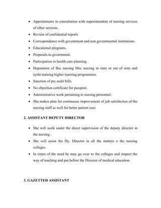 • Appointments in consultation with superintendent of nursing services
     of other sections.
  • Review of confidential reports
  • Correspondence with government and non governmental institutions.
  • Educational programs.
  • Proposals to government.
  • Participation in health care planning .
  • Deputation of Bsc nursing Msc nursing in state or out of stste and
     oythr training higher learning programmes.
  • Sanction of pre audit bills.
  • No objection certificate for passport.
  • Administrative work pertaining to nursing personnel.
  • She makes plan for continuous improvement of job satisfaction of the
     nursing staff as well for better patient care

2. ASSISTANT DEPUTY DIRECTOR

  • She will work under the direct supervision of the deputy director in
     the nursing .
  • She will assist the Dy. Director in all the matters o the nursing
     colleges.
  • In times of the need he may go over to the colleges and inspect the
     way of teaching and put before the Director of medical education.




3. GAZETTED ASSISTANT
 