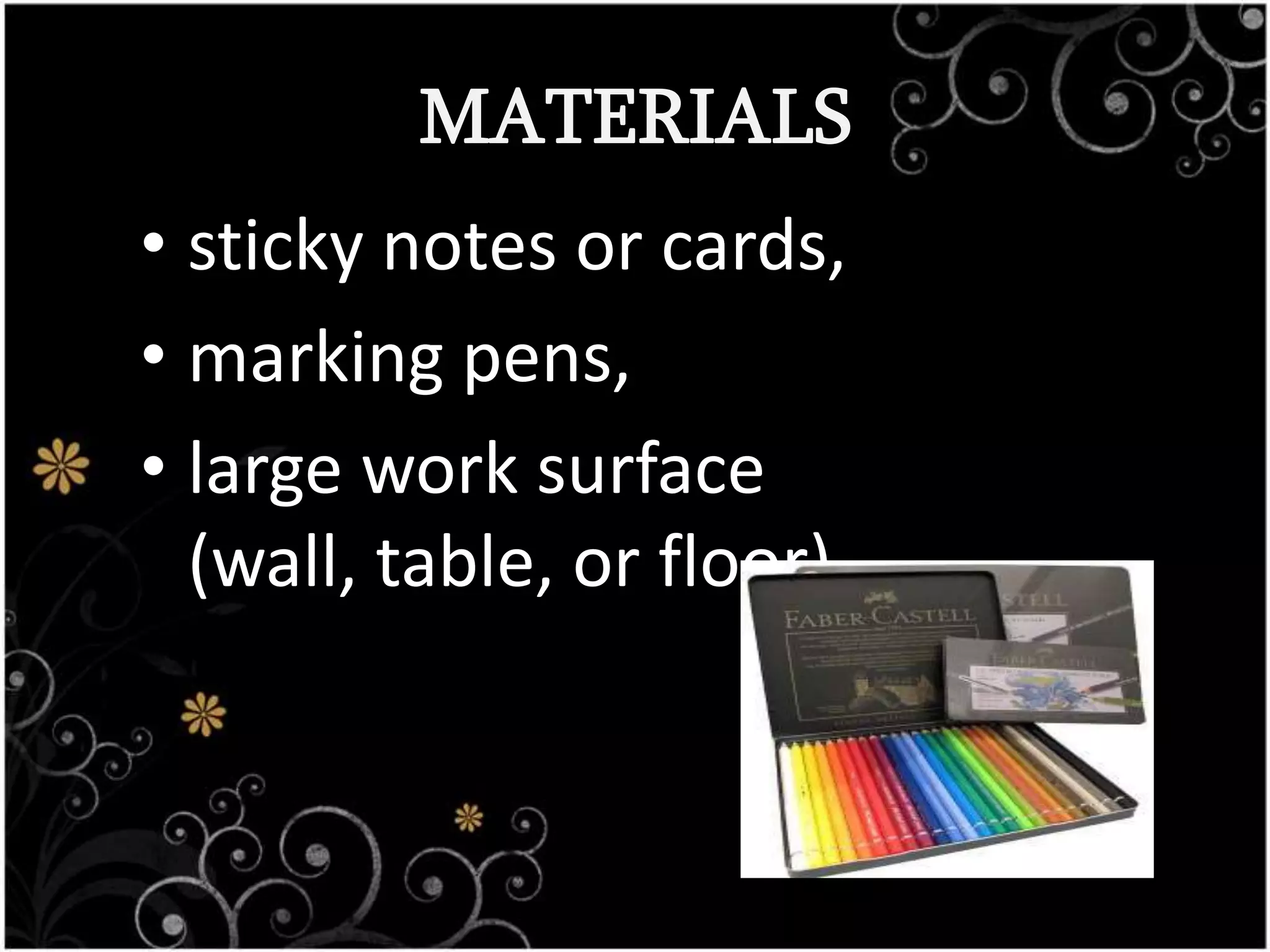 MATERIALS
• sticky notes or cards,
• marking pens,
• large work surface
(wall, table, or floor).
 