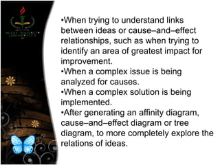 •When trying to understand links
between ideas or cause–and–effect
relationships, such as when trying to
identify an area of greatest impact for
improvement.
•When a complex issue is being
analyzed for causes.
•When a complex solution is being
implemented.
•After generating an affinity diagram,
cause–and–effect diagram or tree
diagram, to more completely explore the
relations of ideas.
 