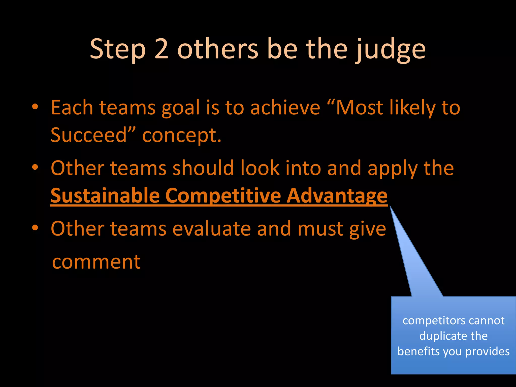 Step 2 others be the judgeEach teams goal is to achieve “Most likely to Succeed” concept.Other teams should look into and apply the Sustainable Competitive AdvantageOther teams evaluate and must give     commentcompetitors cannot duplicate the benefits you provides