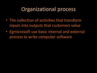 Organizational processThe collection of activities that transform inputs into outputs that customers valueEgmicrosoft use basic internal and external process to write computer software