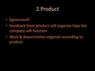 2.ProductEgmicrosoftFeedback from product will organize how the company will functionWork & departments organize according to product