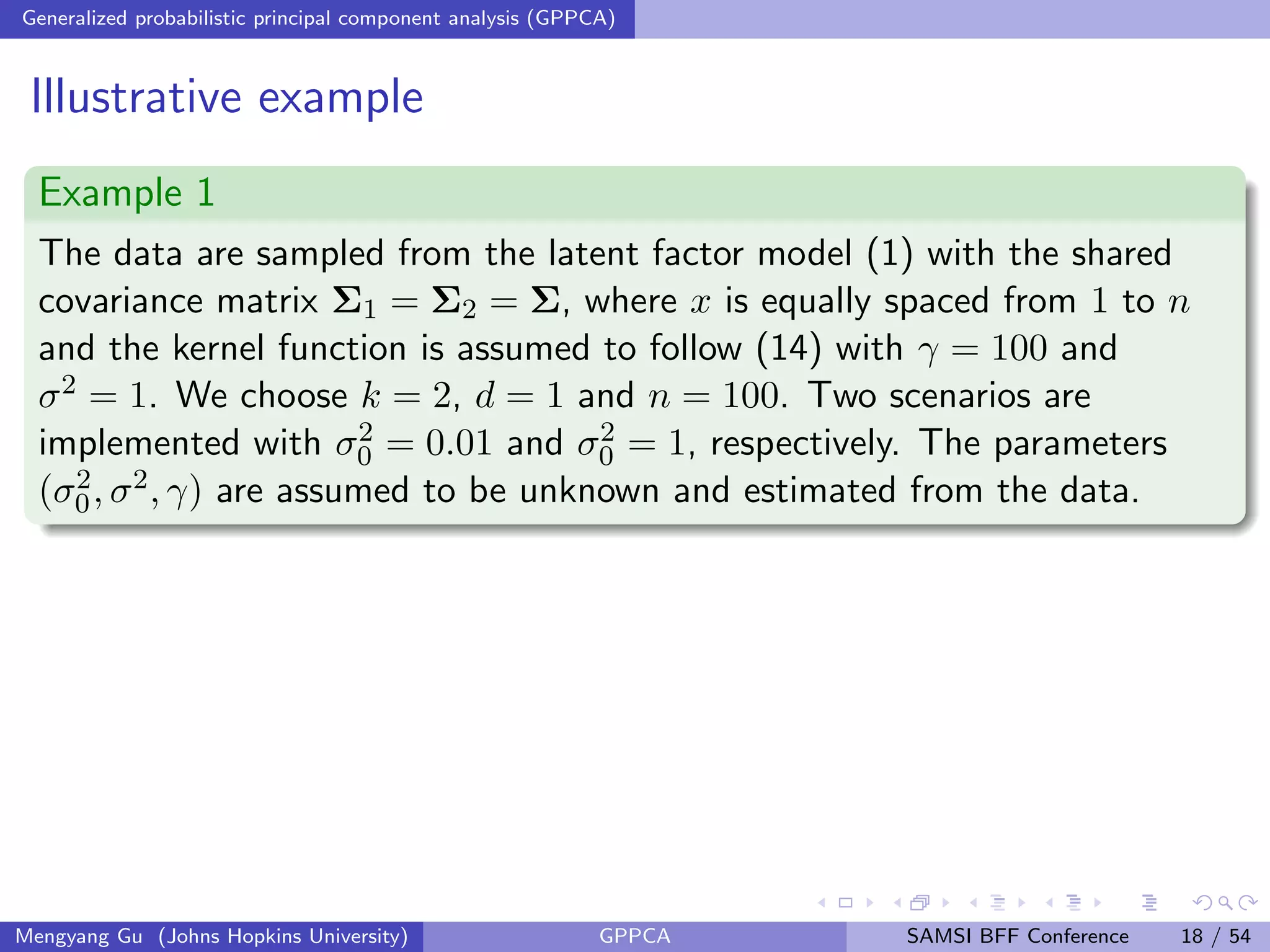 Generalized probabilistic principal component analysis (GPPCA)
Illustrative example
Example 1
The data are sampled from the latent factor model (1) with the shared
covariance matrix Σ1 = Σ2 = Σ, where x is equally spaced from 1 to n
and the kernel function is assumed to follow (14) with γ = 100 and
σ2 = 1. We choose k = 2, d = 1 and n = 100. Two scenarios are
implemented with σ2
0 = 0.01 and σ2
0 = 1, respectively. The parameters
(σ2
0, σ2, γ) are assumed to be unknown and estimated from the data.
Mengyang Gu (Johns Hopkins University) GPPCA SAMSI BFF Conference 18 / 54
 