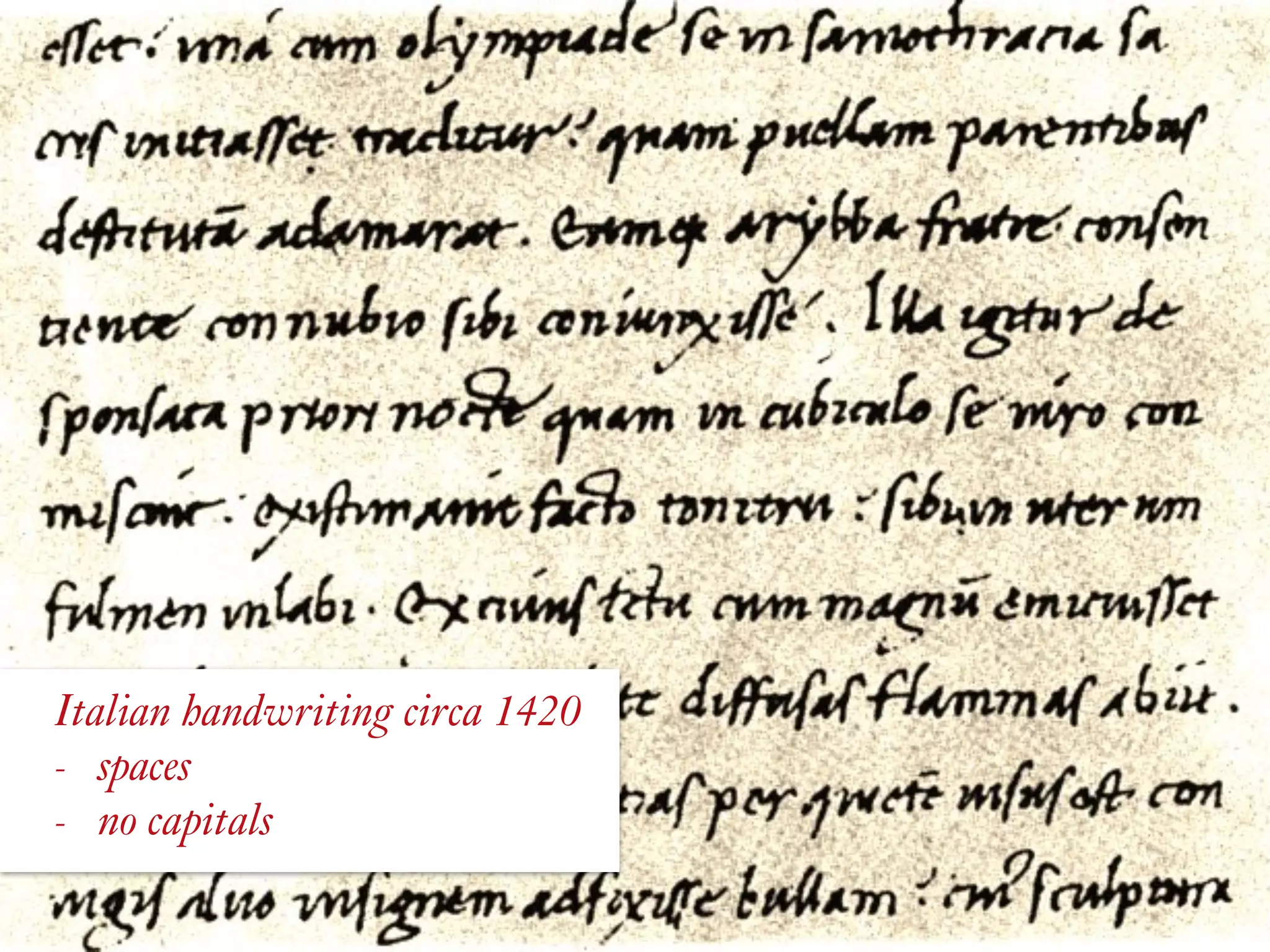 Italian handwriting circa 1420
- spaces
- no capitals
 