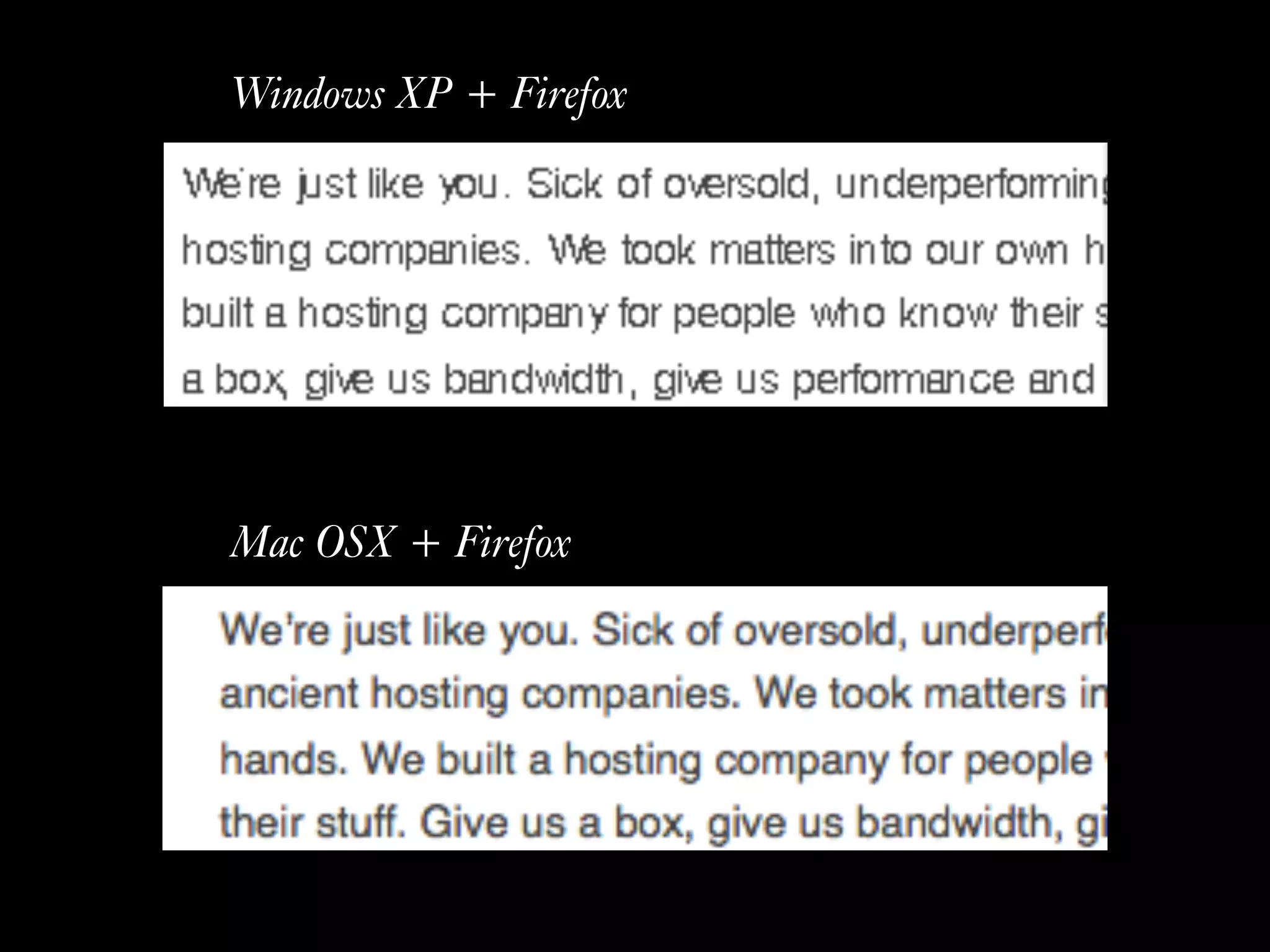 Mac OSX + Firefox
Windows XP + Firefox
 
