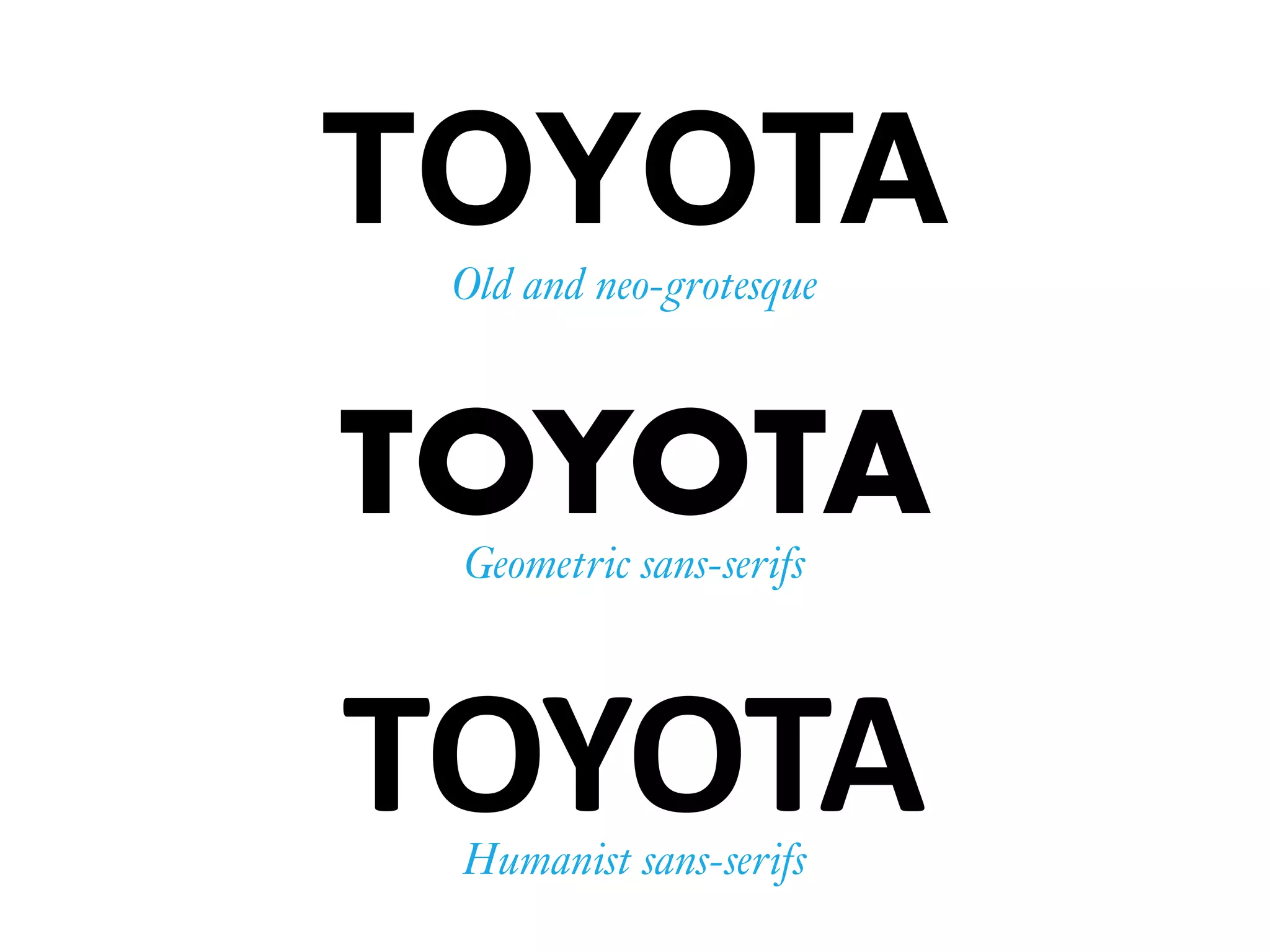TOYOTA
TOYOTA
TOYOTA
Old and neo-grotesque
Geometric sans-serifs
Humanist sans-serifs
 