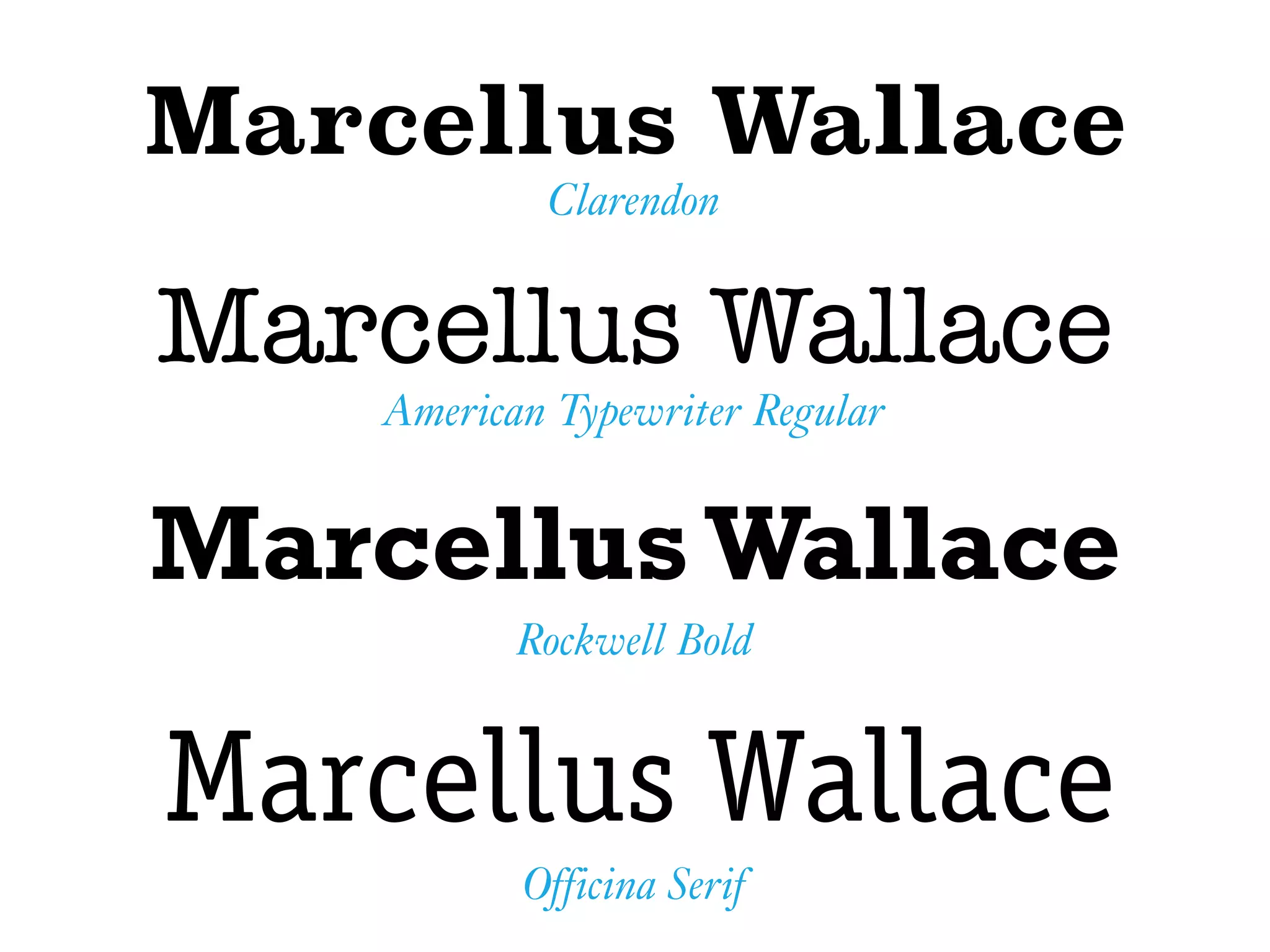MarcellusWallace
Rockwell Bold
Marcellus Wallace
American Typewriter Regular
Marcellus Wallace
Clarendon
Marcellus Wallace
Officina Serif
 