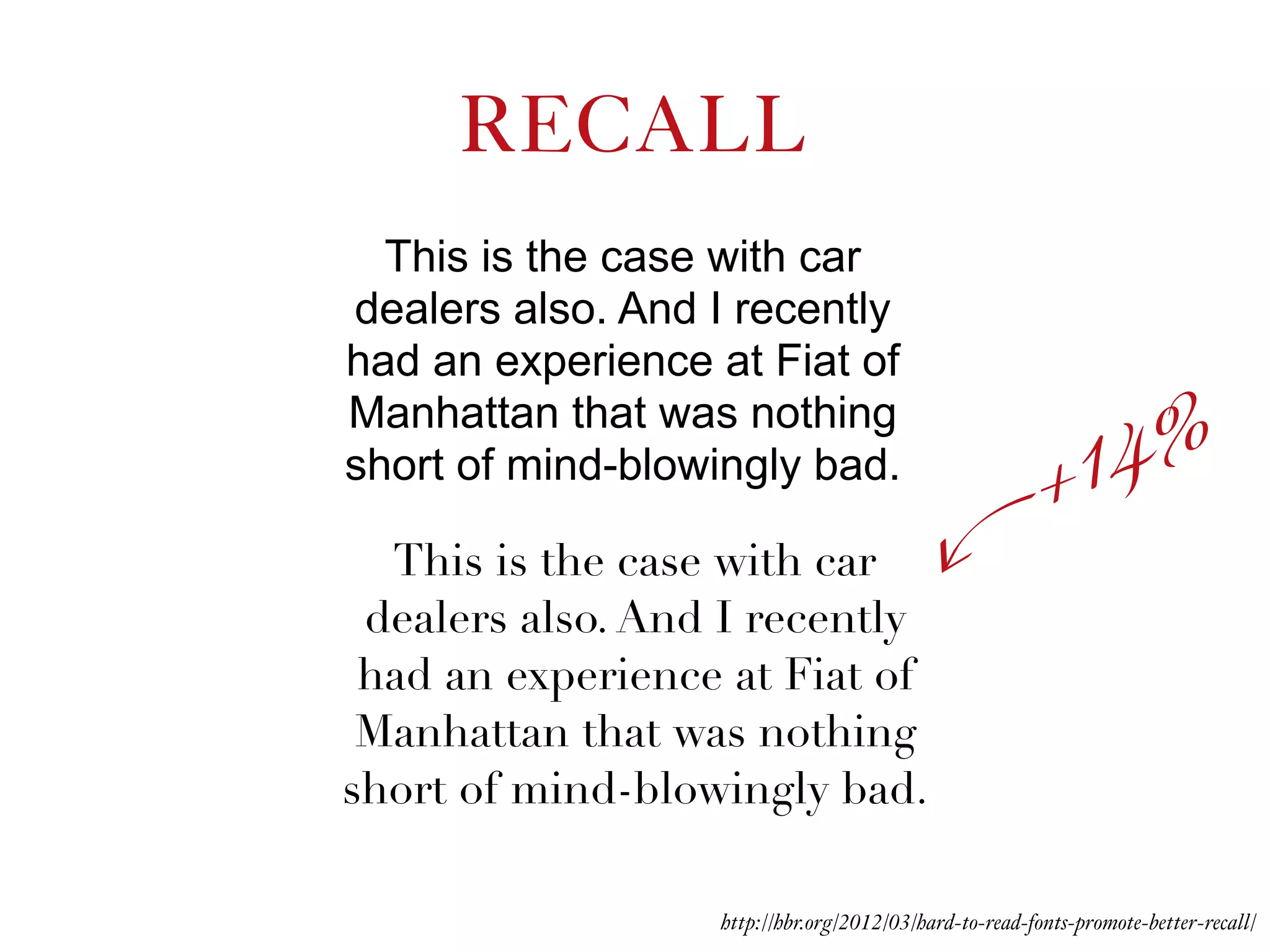 This is the case with car
dealers also. And I recently
had an experience at Fiat of
Manhattan that was nothing
short of mind-blowingly bad.
This is the case with car
dealers also. And I recently
had an experience at Fiat of
Manhattan that was nothing
short of mind-blowingly bad.
RECALL
http://hbr.org/2012/03/hard-to-read-fonts-promote-better-recall/
+14%
 