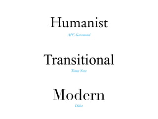Humanist
Modern
Transitional
APC Garamond
Times New
Didot
 