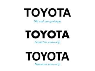 TOYOTA
TOYOTA
TOYOTA
Old and neo-grotesque
Geometric sans-serifs
Humanist sans-serifs
 