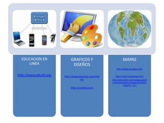 EDUCACION EN
LINEA
http://www.edu20.org/
GRAFICOS Y
DISEÑOS
http://www.sketchup.com/intl/
es/
http://creately.com/
MAPAS
http://www.gmapgis.com/
http://www.yourgmap.com/
http://education.nationalgeographi
c.com/education/mapping/outline-
map/?ar_a=1
 
