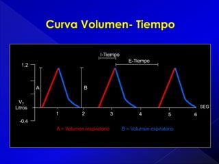 I-Tiempo
E-Tiempo

1.2

A

B

VT
Litros

SEG

1

2

3

4

5

-0.4

A = Volumen inspiratorio

B = Volumen espiratorio

6

 