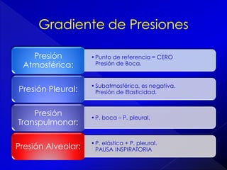 Presión
Atmosférica:

• Punto de referencia = CERO
Presión de Boca.

Presión Pleural:

• Subatmosférica, es negativa.
Presión de Elasticidad.

Presión
Transpulmonar:

• P. boca – P. pleural.

Presión Alveolar:

• P. elástica + P. pleural.
PAUSA INSPIRATORIA

 
