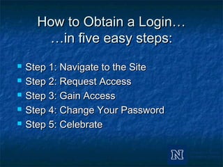 How to Obtain a Login…How to Obtain a Login…
…in five easy steps:…in five easy steps:
 Step 1: Navigate to the SiteStep 1: Navigate to the Site
 Step 2: Request AccessStep 2: Request Access
 Step 3: Gain AccessStep 3: Gain Access
 Step 4: Change Your PasswordStep 4: Change Your Password
 Step 5: CelebrateStep 5: Celebrate
 