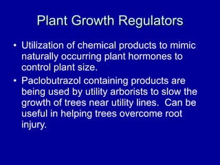 Plant Growth Regulators Utilization of chemical products to mimic naturally occurring plant hormones to control plant size. Paclobutrazol containing products are being used by utility arborists to slow the growth of trees near utility lines.  Can be useful in helping trees overcome root injury. 