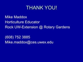 THANK YOU! Mike Maddox Horticulture Educator  Rock UW-Extension @ Rotary Gardens (608) 752 3885 [email_address] 