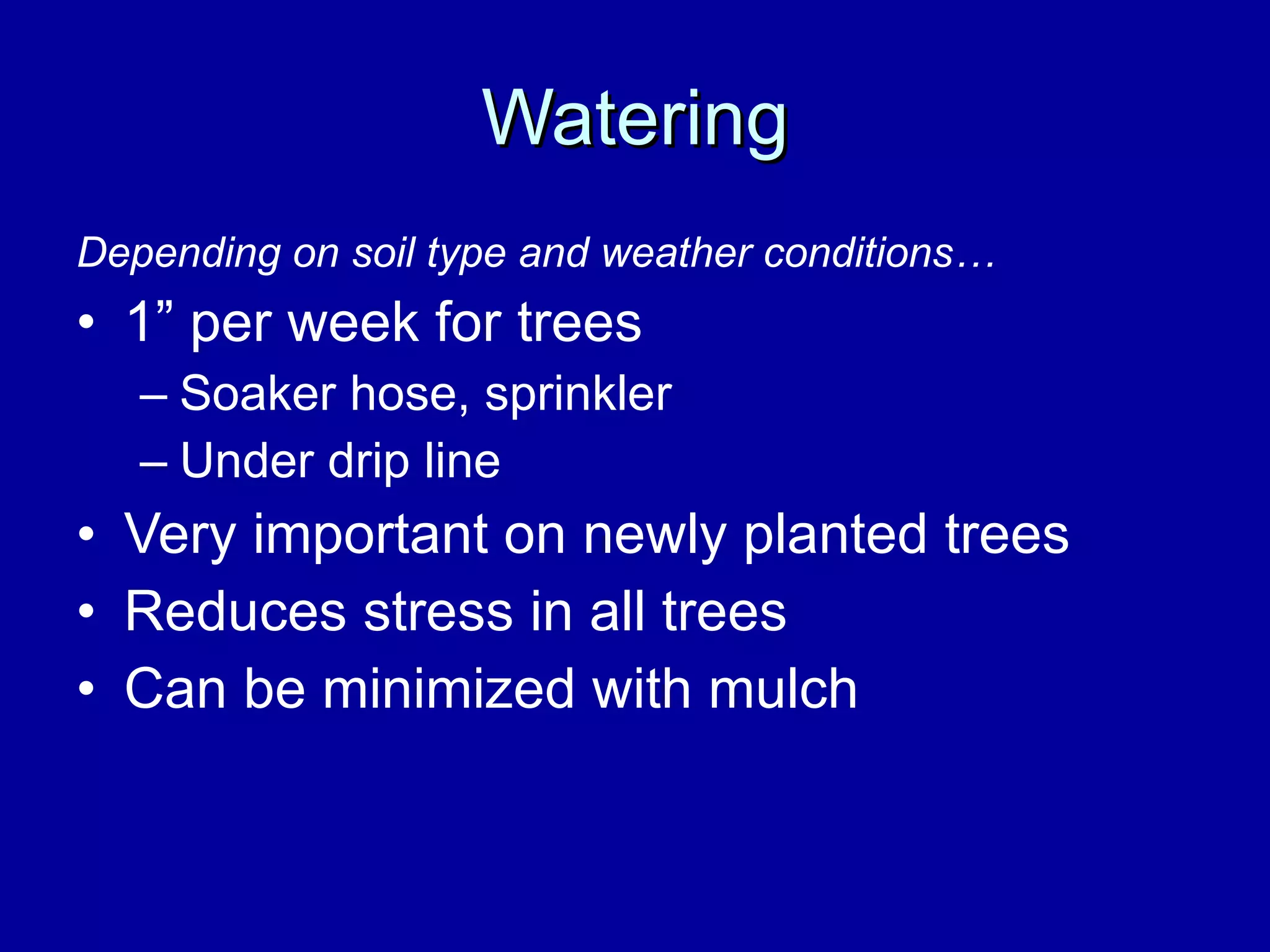 Watering Depending on soil type and weather conditions… 1” per week for trees Soaker hose, sprinkler Under drip line Very important on newly planted trees Reduces stress in all trees  Can be minimized with mulch 