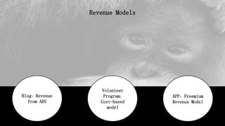 Blog: Revenue
from ADS
Volunteer
Program:
Cost-based
model
APP: Freemium
Revenue Model
Revenue Models
 