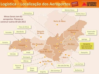 Logística – Localização dos Aeroportos
                                                                                Montes Claros
                                   Diamantina                                                    Teófilo Otoni
   Minas Gerais tem 82
  aeroportos. Planeja-se
construir outros 69 até 2012

                         Patos de Minas


      Ituiutaba       Uberlândia                                                                                    Governador
                                                                                                                     Valadares


                                                                                                         Ipatinga
  Iturama
                                                                                                           Aeroporto
                                                                                                        Internacional de
                                                                                                         Belo Horizonte

                                      Araxá                                                             Pampulha
            Uberaba
                              Divinópolis

                               Alfenas
                                                                                                Juiz de Fora
                  Poços de                                             São João Del Rey
                   Caldas                 Pouso
                                          Alegre              São Lourenço                      Barbacena
                                                   Varginha
 