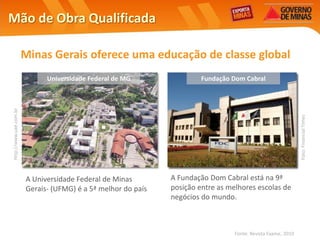 Mão de Obra Qualificada

                        Minas Gerais oferece uma educação de classe global
                              Universidade Federal de MG                Fundação Dom Cabral
http://www.uae.com.br




                                                                                                               Foto: Financial Times
                        A Universidade Federal de Minas        A Fundação Dom Cabral está na 9ª
                        Gerais- (UFMG) é a 5ª melhor do país   posição entre as melhores escolas de
                                                               negócios do mundo.



                                                                                  Fonte: Revista Exame, 2010
 