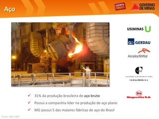 Aço




                    31% da produção brasileira de aço bruto
                    Possui a companhia líder na produção de aço plano
                    MG possui 5 das maiores fábricas de aço do Brasil
Fonte: INDI 2007
 