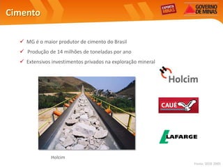 Cimento

   MG é o maior produtor de cimento do Brasil
   Produção de 14 milhões de toneladas por ano
   Extensivos investimentos privados na exploração mineral




               Holcim
                                                              Fonte: SEDE 2005
 