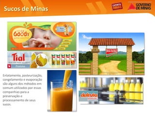 Sucos de Minas




Enlatamento, pasteurização,
congelamento e evaporação
são alguns dos métodos em
comum utilizados por essas
companhias para a
preservação e
processamento de seus
sucos.
 