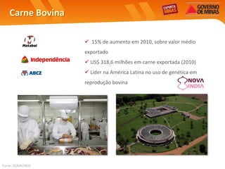 Carne Bovina

                     15% de aumento em 2010, sobre valor médio
                    exportado
                     US$ 318,6 milhões em carne exportada (2010)
                     Líder na América Latina no uso de genética em
                    reprodução bovina




Fonte: SEAPA/IBGE
 