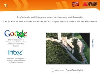TI

                  Profissionais qualificados no campo da tecnologia da informação.
Alto padrão de mão-de-obra é formada por instituições especializadas e universidades locais.




    O Centro de Pesquisa da




                                                                                      Fonte: UFMG
  Google para a América Latina
    está localizado em Belo
           Horizonte




   Consultoria para Negócios e
   Estratégia em Serviços de TI
       India/Belo Horizonte



                                                                Parque Tecnológico
 