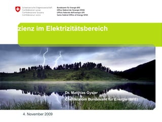 Energieeffizienz im Elektrizitätsbereich 4. November 2009 Dr. Matthias Gysler Chefökonom Bundesamt für Energie (BFE) 