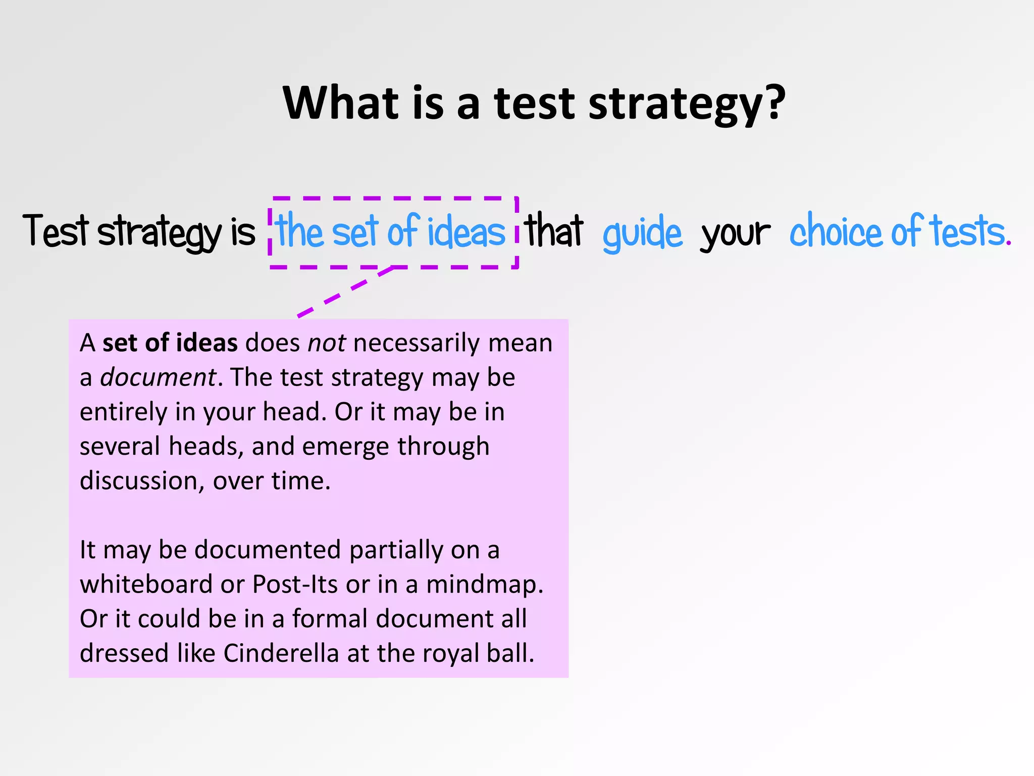 What is a test strategy?
Test strategy is the set of ideas that guide your choice of tests.
A set of ideas does not necessarily mean
a document. The test strategy may be
entirely in your head. Or it may be in
several heads, and emerge through
discussion, over time.
It may be documented partially on a
whiteboard or Post-Its or in a mindmap.
Or it could be in a formal document all
dressed like Cinderella at the royal ball.
 
