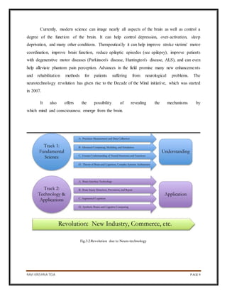 RAVI KRISHNA TEJA PAGE 9
Currently, modern science can image nearly all aspects of the brain as well as control a
degree of the function of the brain. It can help control depression, over-activation, sleep
deprivation, and many other conditions. Therapeutically it can help improve stroke victims' motor
coordination, improve brain function, reduce epileptic episodes (see epilepsy), improve patients
with degenerative motor diseases (Parkinson's disease, Huntington's disease, ALS), and can even
help alleviate phantom pain perception. Advances in the field promise many new enhancements
and rehabilitation methods for patients suffering from neurological problems. The
neurotechnology revolution has given rise to the Decade of the Mind initiative, which was started
in 2007.
It also offers the possibility of revealing the mechanisms by
which mind and consciousness emerge from the brain.
Fig.3.2.Revolution due to Neuro-technology
 