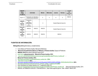------------------------------ --------------------------------
Estudiante Coordinador del curso.
FUENTES DE INFORMACIÓN.
Bibliográficas (Bibliografía básica y complementaria)
✓ Curso Básico de Primeros Auxilios. Manual de Referencia.
✓ Manual de Procedimientos Básicos en Medicina y Primeros Auxilios. Equipo de Profesores
✓ MANUAL PHTLS 6a edición Editorial El seiver 2014
✓ www.urg.es/-gabpca/manual.htm – Manual de Primero Auxilios. 2015.
✓ www.uam.es/presentacion/asociacionismo/uamugt/marsalud/Manuales/Primeros_Auxilios.pdf -
✓ Manual de Primeros Auxilios. 2012.
✓ http://www.tuotromedico.com/temas/primeros_auxilios.htm. 2014.
✓ http://www.cruzroja.es/ 2013.
✓ http://perso.wanadoo.es/s942674367/primeros%20auxilios/CURSO%20DE%20PRIME- ROS%20AUXILIOS.htm. 2015.
✓ http://www.aulatutorial.com/fcontinua/Curso_primeros_auxilios_a_distancia.html 2012
✓ Acta Colombiana de Cuidado Intensivo vol. 11 suplemento 2/Nov 201
✓ www.uam.es/presentacion/asociacionismo/uamugt/marsalud/Manuales/Primeros_Auxilios.pdf - Manual de Primeros Auxilios. 2014.
✓ MANUAL de PRIMeROS AUXILIOS Y PReVeNCIÓN de ...https://www.argentina.gob.ar › sites › default › filesPD 2021
GRUPO
Hora-
17.30-
19.30P.M
Actividad Martes Miércoles Jueves Viernes
LUGAR
DE
PRACTIC
A
Grupo 1-2
Preparación de materiales y
procedimientos laboratorio
X X X X
INNOVA
GRUPO
3-4
Hora-8-
10 a-m
Preparación
de
materiales y
procedimient
os
laboratorio
X Hospital Regional Ayacucho
Hora-10-
12
GRUPO
5-6
INNOVA INNOVA INNOVA
Hospital Regional Ayacucho
Hora-10-
12
GRUPO
7-8-9.
INNOVA INNOVA INNOVA INNOVA
 