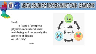 Health
a “state of complete
physical, mental and social
well-being and not merely the
absence of disease
or infirmity”
WHO
 
