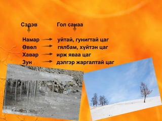 Сэдэв Гол санаа
Намар уйтай, гунигтай цаг
Өвөл гялбам, хүйтэн цаг
Хавар ирж яваа цаг
Зун дэлгэр жаргалтай цаг
 