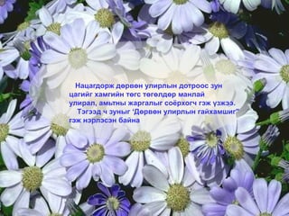 Нацагдорж дөрвөн улирлын дотроос зун
цагийг хамгийн төгс төгөлдөр манлай
улирал, амьтны жаргалыг соёрхогч гэж үзжээ.
Тэгээд ч зуныг ‘Дөрвөн улирлын гайхамшиг"
гэж нэрлэсэн байна
 