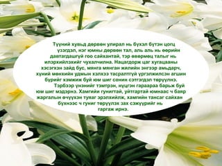 Түүний хувьд дөрвөн улирал нь бүхэл бүтэн цогц
үзэгдэл, нэг юмны дөрвөн тал, аль аль нь өөрийн
давтагдашгүй гоо сайхантай, тэр өвөрмөц талыг нь
илэрхийлэхийг чухалчилна. Нацагдорж цаг хугацааны
хэсэгхэн зайд бус, мянга мянган жилийн энгээр амьдарч,
хүний мөнхийн удмын хэлхээ тасралтгүй үргэлжилсэн агшин
бүрийг хэмжиж буй юм шиг сонин сэтгэгдэл төрүүлнэ.
Тэрбээр үнэнийг тэмтрэн, нүцгэн гараараа барьж буй
юм шиг мэдэрнэ. Хамгийи гунигтай, уйтгартай юмнаас ч баяр
жаргалын өчүүхэн туяаг эрэлхийлж, хамгийн тансаг сайхан
бүхнээс ч гуниг төрүүлэх зах сэжүүрийг нь
гаргаж ирнэ.
 