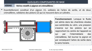 QUELQUES COMPOSANTES DE BASE
08/01/2026 07:17 PM 21
VERINS Vérins rotatifs à pignon et crémaillères
 Essentiellement constitué d’un pignon (1), solidaire de l’arbre de sortie, et de deux
crémaillères, solidaires des pistons (2) qui se meuvent dans un cylindre.
Fonctionnement. Lorsque le fluide
est admis dans les chambres situées
aux extrémités du vérin, une pression
s’exerce sur les pistons qui se
rapprochent du centre de l’appareil ce
qui par l’intermédiaire des
crémaillères, fait tourner le pignon et
par conséquent l’arbre de sortie dans
le sens horaire.
MACHINES HYDRAULIQUES Dr. ING. Sidy Mactar SOKHNA
 