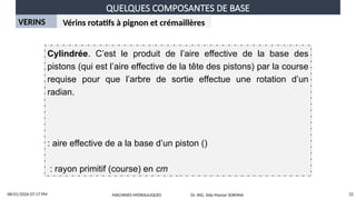 QUELQUES COMPOSANTES DE BASE
08/01/2026 07:17 PM 22
VERINS Vérins rotatifs à pignon et crémaillères
Cylindrée. C’est le produit de l’aire effective de la base des
pistons (qui est l’aire effective de la tête des pistons) par la course
requise pour que l’arbre de sortie effectue une rotation d’un
radian.
: aire effective de a la base d’un piston ()
: rayon primitif (course) en cm
MACHINES HYDRAULIQUES Dr. ING. Sidy Mactar SOKHNA
 